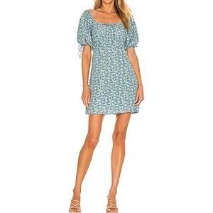 Faithfull The Brand Thea Blue Floral Puff Sleeve Mini Dress Size 4